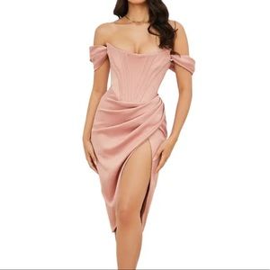 House of CB “Loretta Off the Shoulder Satin Corset Dress”